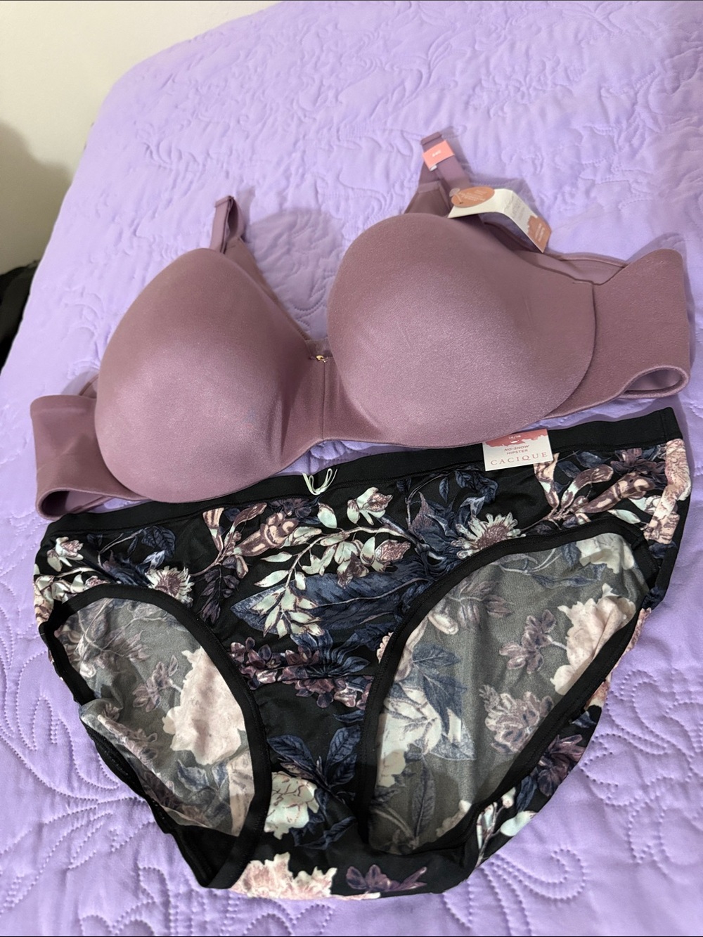 Cacique Mauve/Purple Padded Back SmotherBra with Black Floral Sheer Bikini Brief